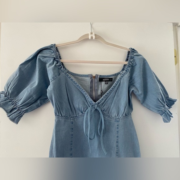 Missguided Blue Tie Front Milkmaid Denim Mini Dress size US 6 in blue - Picture 2 of 6